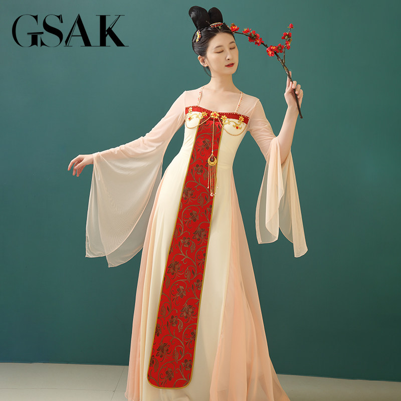 GSAK唐风改良汉服齐胸假两件珠串绣花喇叭袖仙气连衣裙套装显瘦女