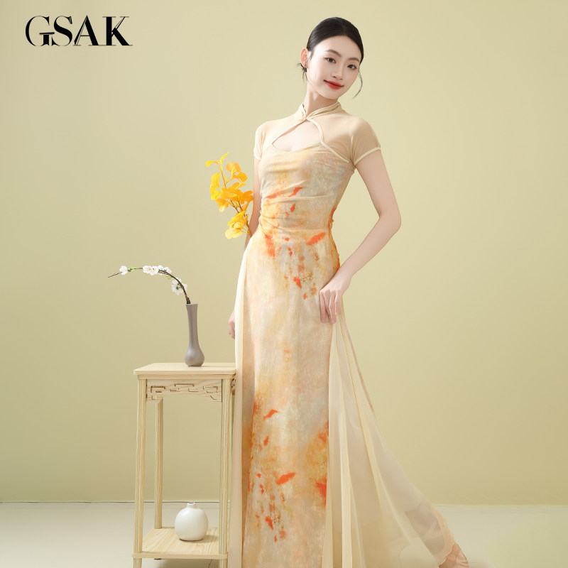 GSAK新中式立领印花改良旗袍腰部开衩性感镂空仙气显瘦套装女日常