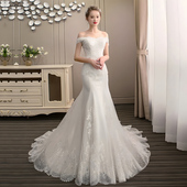 鱼尾婚纱新娘2025新款 轻纱迎宾纱 简约轻便出门纱一字肩小个子法式