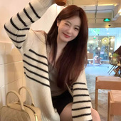 条纹韩系慵懒风针织毛衣外套开衫 黑穿搭上衣宽松 女秋2025新款