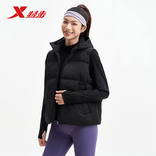 特步羽绒马甲女款2025冬季新款保暖防风连帽运动马甲975428260098