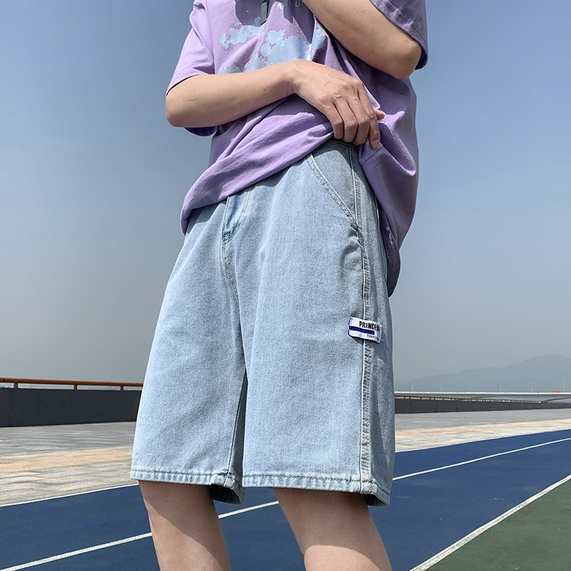 夏季港风新品宽松直筒休闲潮多标设计中性牛仔五分短裤D25-P35,男装牛仔裤,星座815-2