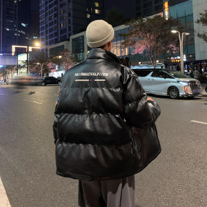 港风棉衣男PU皮棉服21年新款宽松面包服立领冬装棉袄M2102-P105图片
