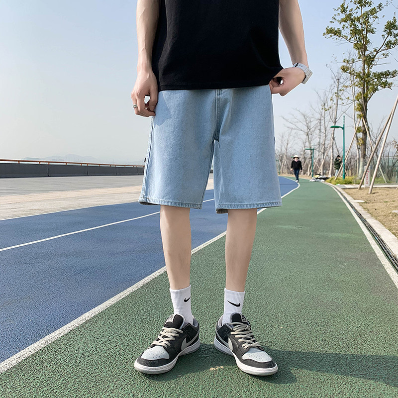 夏季港风新品宽松直筒休闲潮多标设计中性牛仔五分短裤D25-P35,男装牛仔裤,星座815-2
