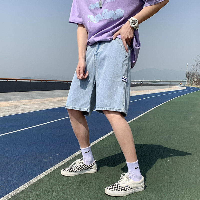 夏季港风新品宽松直筒休闲潮多标设计中性牛仔五分短裤D25-P35,男装牛仔裤,星座815-2