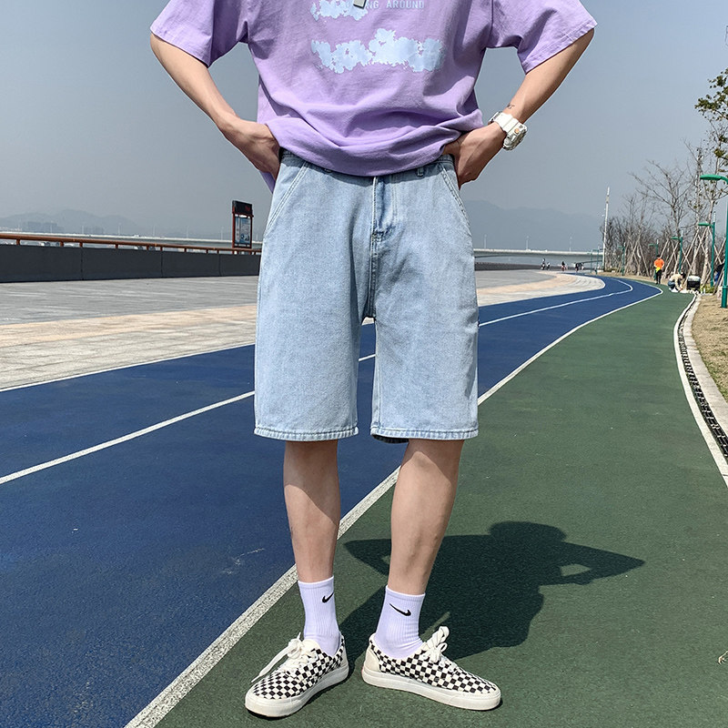 夏季港风新品宽松直筒休闲潮多标设计中性牛仔五分短裤D25-P35,男装牛仔裤,星座815-2