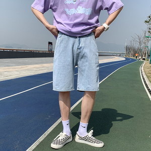 夏季港风新品宽松直筒休闲潮多标设计中性牛仔五分短裤D25-P35图片