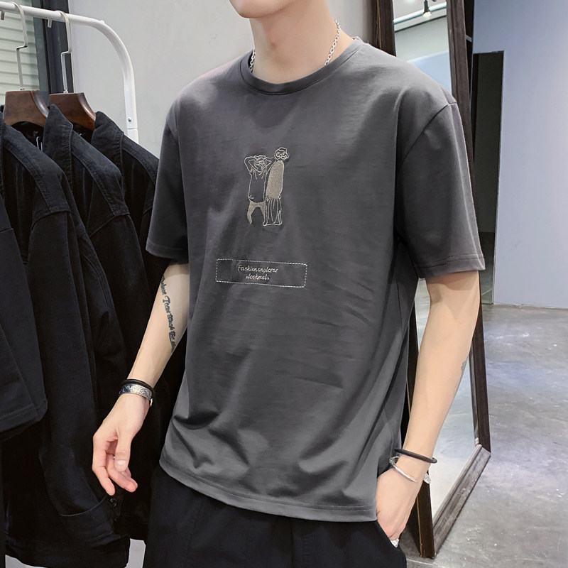 纯棉!!2023新款男士短袖T恤港风潮流宽松休闲刺绣装纯色T880TP24,男装T恤,星座815-2