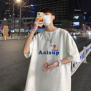 22夏季港风男士百搭休闲复古印花潮大码宽松圆领短袖T恤T6603-P15图片