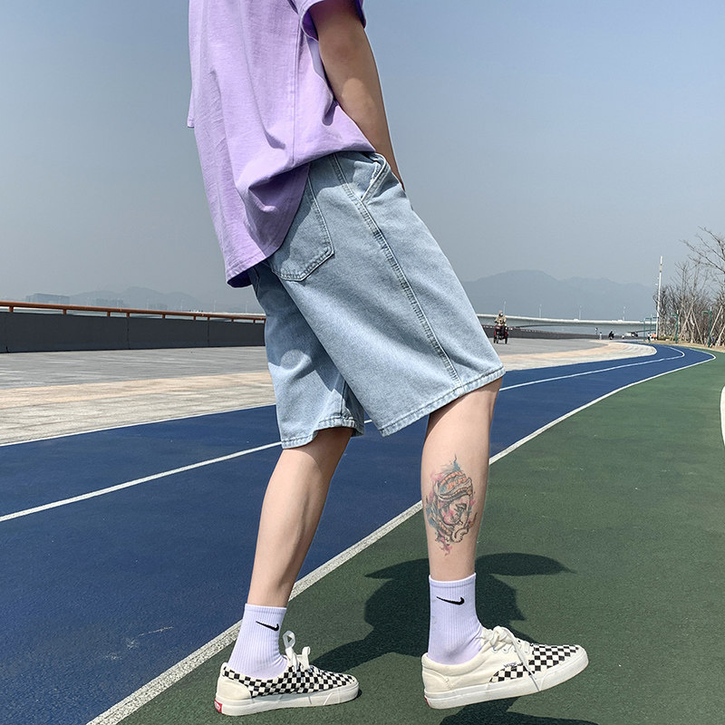 夏季港风新品宽松直筒休闲潮多标设计中性牛仔五分短裤D25-P35,男装牛仔裤,星座815-2