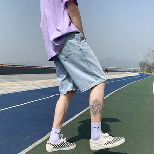 夏季港风新品宽松直筒休闲潮多标设计中性牛仔五分短裤D25-P35图片