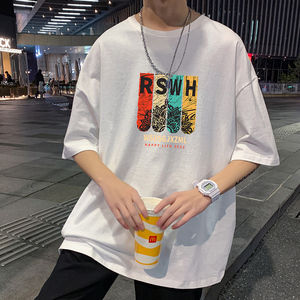 22夏季港风男士百搭休闲复古印花潮大码宽松圆领短袖T恤T6611-P15图片