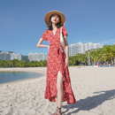 三亚旅行穿搭沙滩裙女红色碎花波西米亚一片式 海边度假连衣裙夏季
