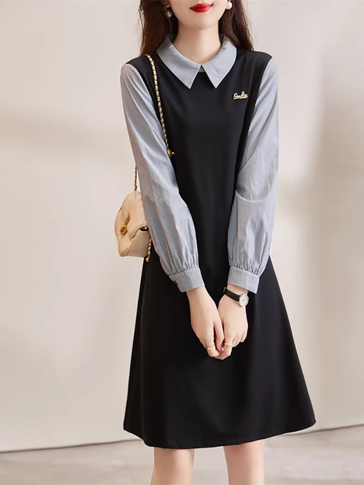 2025年秋季新款翻领条纹拼接减龄a字衬衫连衣裙