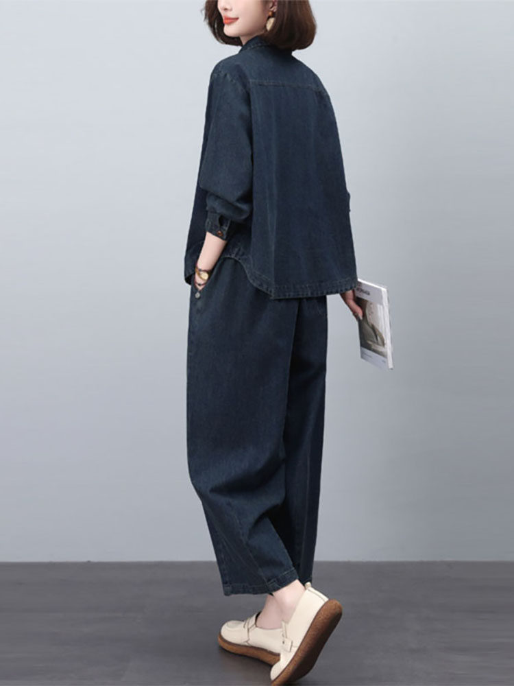 潮牌牛仔套装女2025年春秋新款时尚休闲宽松减龄妈妈阔腿裤两件套