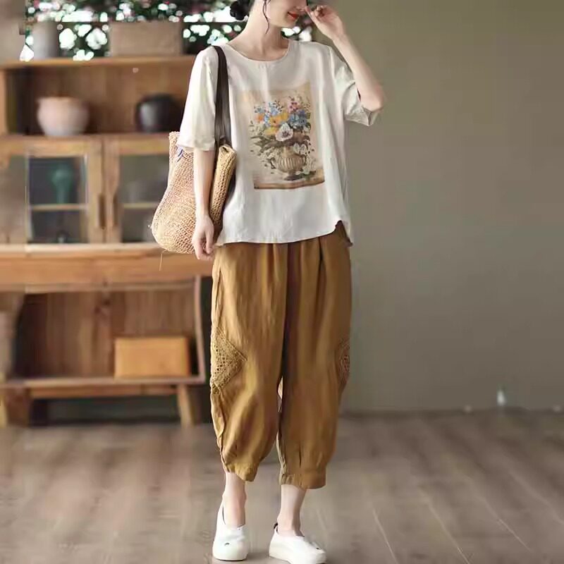 潮牌中老年妈妈棉麻套装女夏季新款4050岁复古亚麻宽松休闲两件套