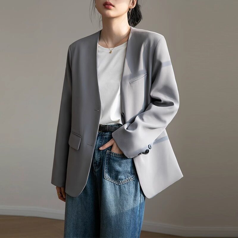 潮牌无领西装外套女2025年春秋新款韩版休闲英伦风小个子西服上衣
