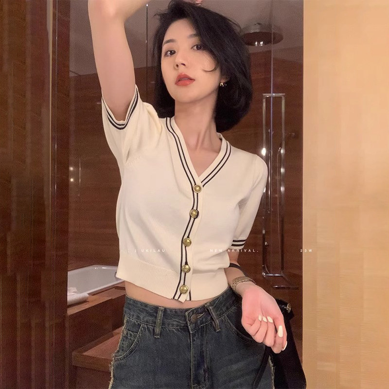 潮牌v领针织短袖正肩t恤女夏季设计感小众修身收腰短款冰丝上衣服
