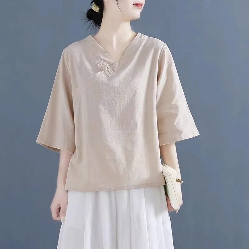 潮牌2025夏季纯色V领亚麻衬衣T恤女胖MM韩版时尚五分袖棉麻上衣服