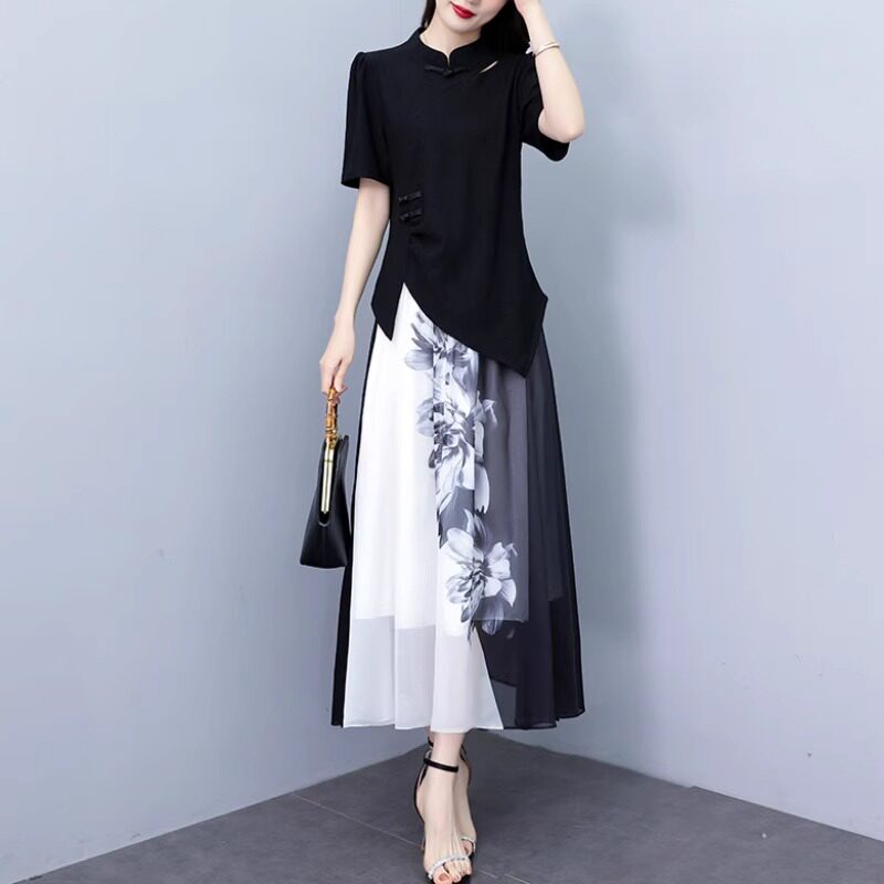 潮牌大码国风时尚套装裙女夏季胖mm气质盘扣短袖上衣半身裙两件套