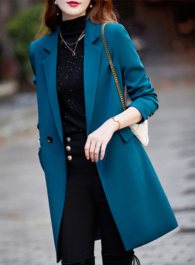 潮牌中长款蓝色西装外套女2025春秋新款休闲职业西服今年流行风衣