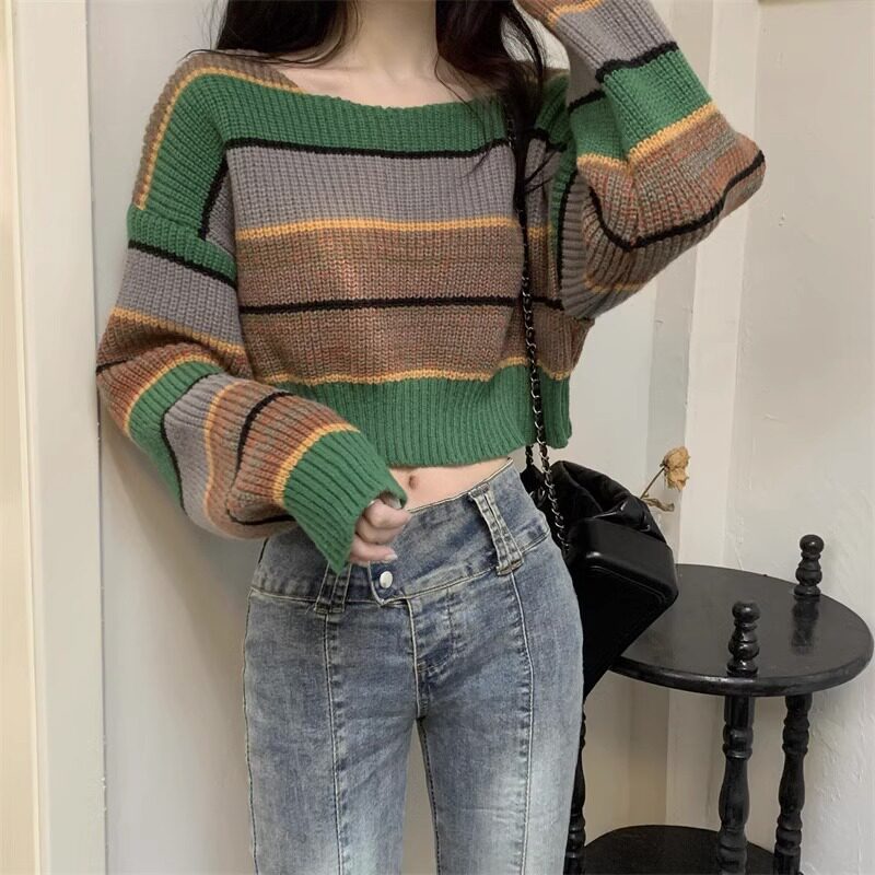 潮牌短款慵懒风软糯打底条纹毛衣女春秋季宽松内搭高腰针织衫上衣