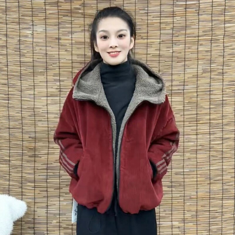 2025年冬季新款时尚颗粒绒棉衣洋气连帽灯芯绒加厚棉服外套女潮