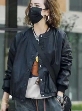 春秋季新款百搭宽松休闲皮衣外套韩版显瘦单排扣长袖上衣女口袋