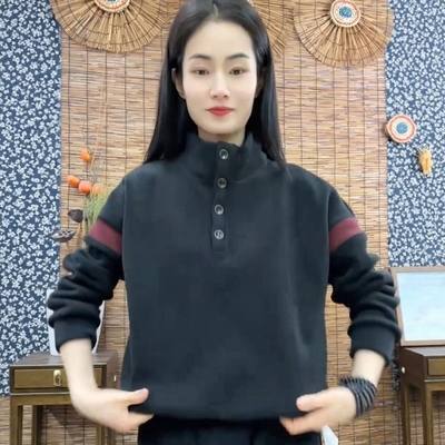 2025年冬季新款时尚立领卫衣女加绒加厚宽松显瘦百搭纽扣装饰上衣