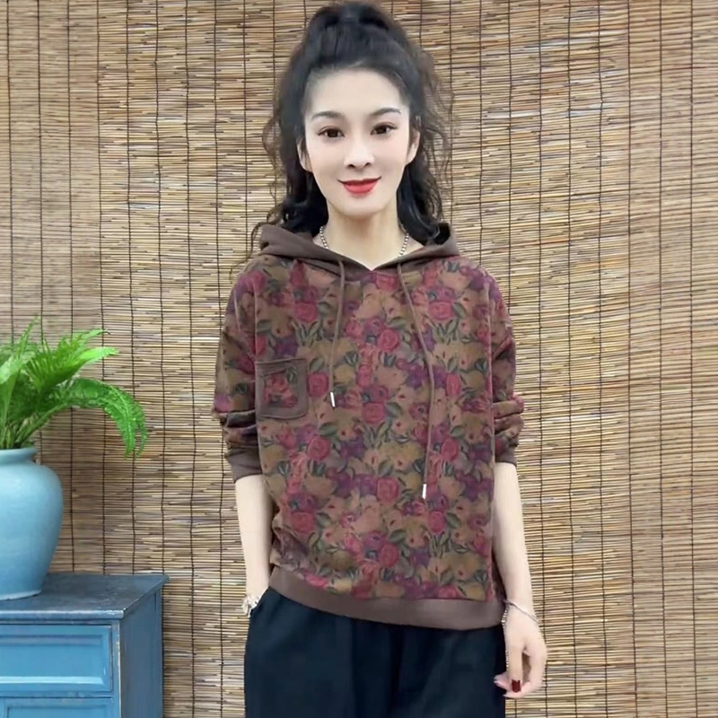 复古印花百搭连帽卫衣女春季大码遮肉套头上衣洋气显瘦宽松打底衫