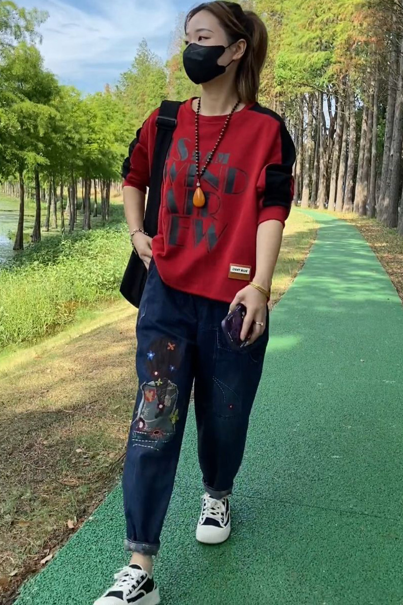 两件套装女2024秋季新款字母印花卫衣女+水洗绣花牛仔哈伦裤套装