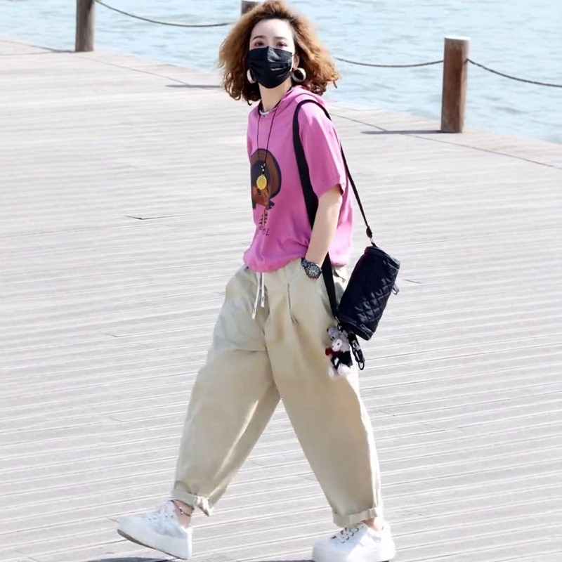 两件套装女2025年夏季新款印花连帽短袖T恤+水洗棉休闲哈伦裤显瘦,女装/女士精品,时尚套装,淘宝优惠券,粉丝福利购,淘宝优惠卷