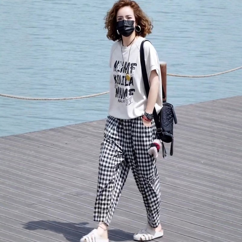 时尚两件套装女2025年夏季新款字母印花圆领T恤+格子八分哈伦裤潮,女装/女士精品,时尚套装,淘宝优惠券,粉丝福利购,淘宝优惠卷