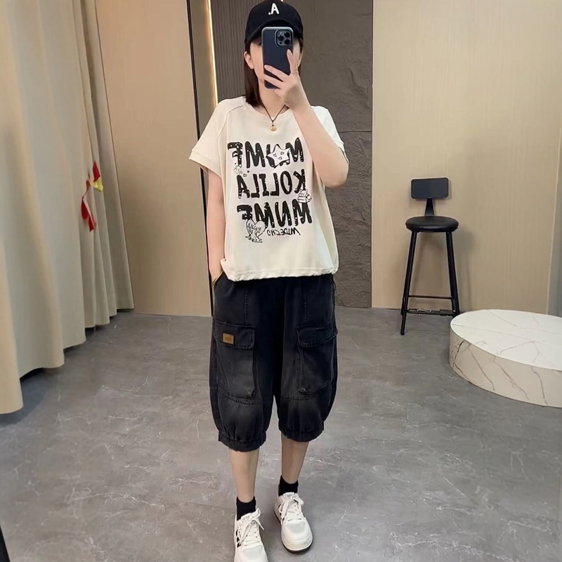 两件套装女2025年夏季新款字母印花圆领T恤短袖+水洗牛仔六分裤潮
