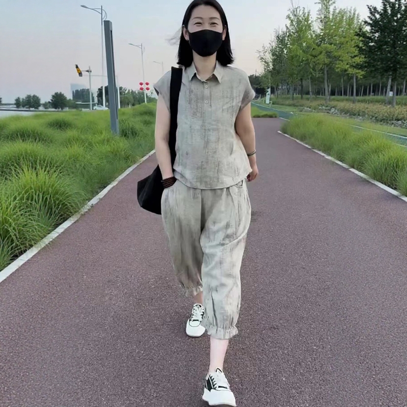 两件套装女2025年夏季新款POLO领短袖T恤上衣+八分薄款哈伦裤潮