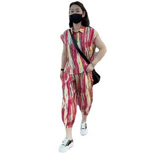 两件套装女2024年夏新款薄款印花POLO领短袖上衣+休闲凉快哈伦裤