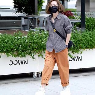 两件套装女2024年秋季新款格子衬衫长袖+水洗棉休闲哈伦裤套装潮