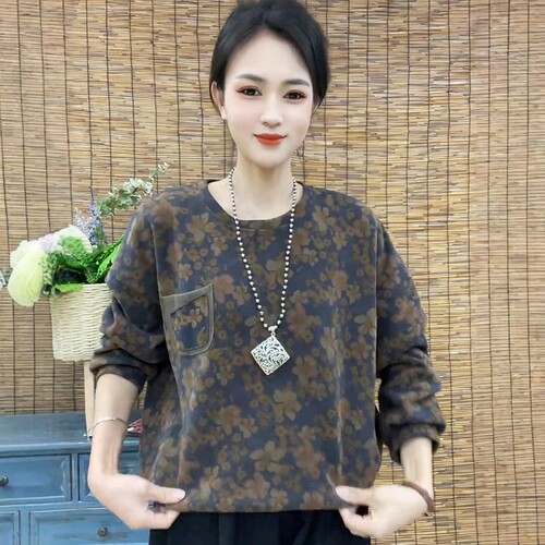 2026春季复古碎花印花圆领小口袋卫衣女宽松显瘦休闲百搭长袖上衣