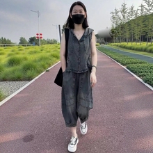 牛仔套装女2025年夏季新款连帽无袖软牛仔上衣+七分薄款哈伦裤潮