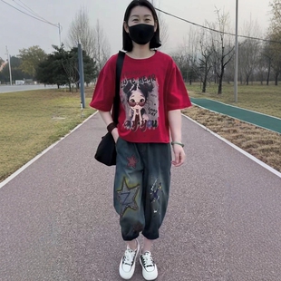 套装 时尚 女印花短袖 T恤 两件套 2025年夏季 休闲八分牛仔哈伦裤 新款
