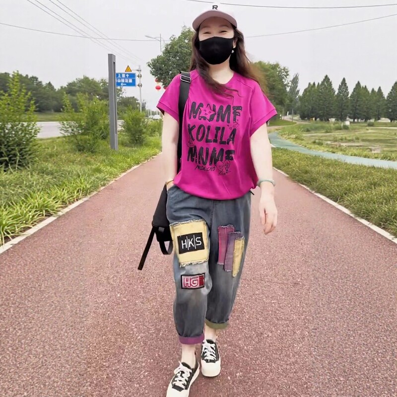 两件套装女2026年夏新款字母印花圆领短袖T恤+水洗薄款牛仔哈伦裤
