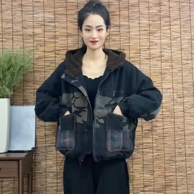 梦伊甸复古印花加棉加厚牛仔棉服