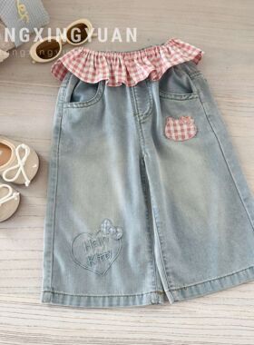 女童牛仔裤2026春季新款韩版洋气儿童时尚设计感蝴蝶结直筒阔腿裤