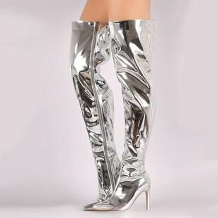 high 2021秋新款 女长靴Knee 时装 boots 银色过膝欧美风细高跟大码
