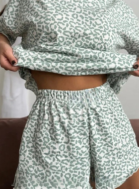 欧美豹纹短袖短裤睡衣家居服套装女 Homewear Pajamas Set Women