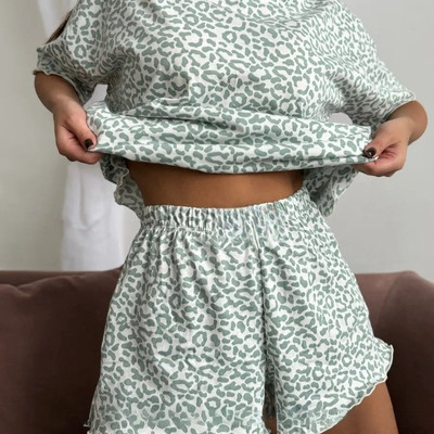 欧美豹纹短袖短裤睡衣套装