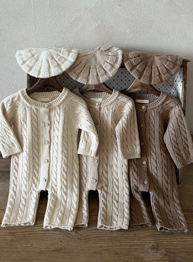 新生婴儿冬装a类纯棉针织毛衫连体衣男女麻花毛织长款毛衣包屁衣