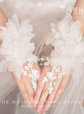 新款勾指蕾丝花边镂空薄款手套新娘婚纱袖套钩花中长款礼仪白手套