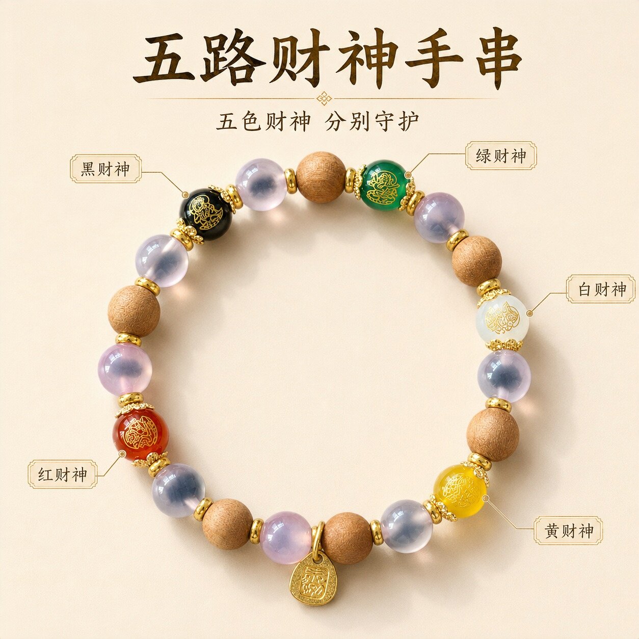 檀木五路财神手串五行手串图片