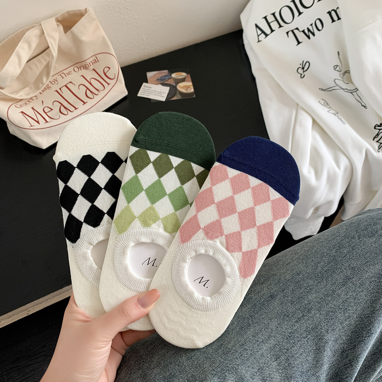 三双短袜菱形船袜春夏天女袜浅口隐形纯棉ins日系透气白彩色简约